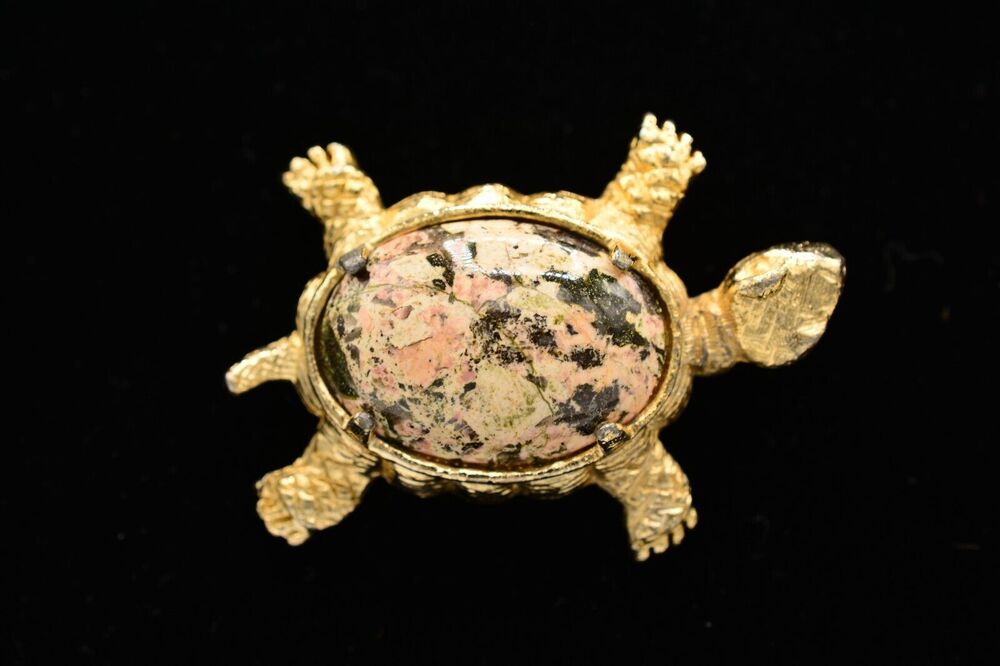 Vintage Cabochon Turtle Pin Brooch Multi-Color Marble Gold Tone 1980s BinAC